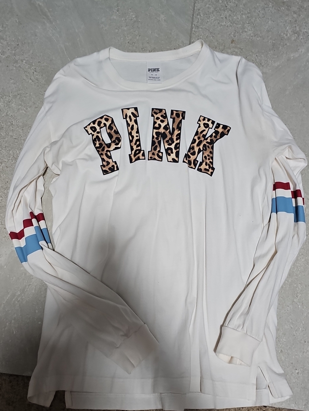 PINK Victoria's Secret Cream Long Sleeve with Leopard Logo and Stripe Sleeves